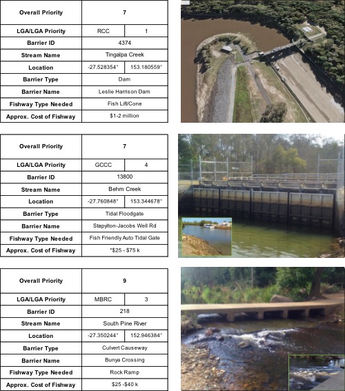 Top ranking fish barriers in south east Queensland, including Tingalpa Creek, Behm Creek and South Pine River, places identified for fish ladder sites and fishway monitoring.