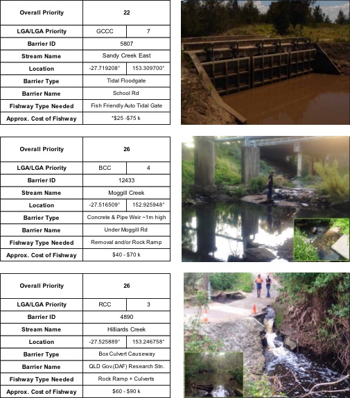 Top ranking fish barriers in south east Queensland, including Sandy Creek, Moggill Creek and Hilliards Creek, places identified for fish ladder sites and fishway monitoring.